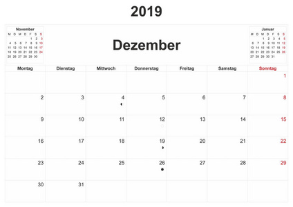 2019年德国月历，白色背景。