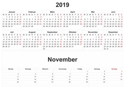 2019年德国月历，白色背景。