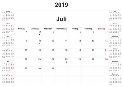 2019年德国月历，白色背景。