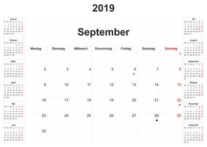 2019年德国月历，白色背景。