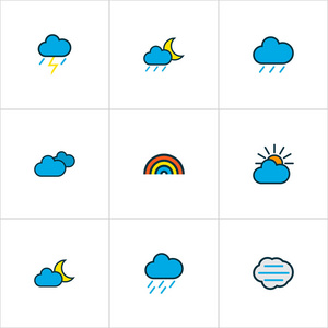 空气图标颜色的线设置与灵云, 阴天, 雨滴和其他多云的元素。被隔绝的向量例证空气图标