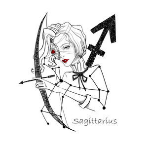 星座射手座. 美丽的女孩,在白色的孤立背景上有弓箭. 十二生肖星座.