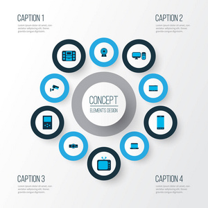 用笔记本电脑播放机摄像机和其他便携式计算机元素设置彩色小工具图标。隔离的矢量插图小工具图标