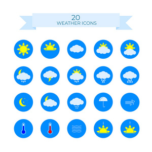 蓝色背景上的20个天气图标。