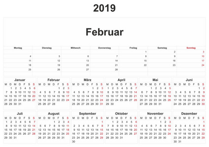 2019年德国月历，白色背景。