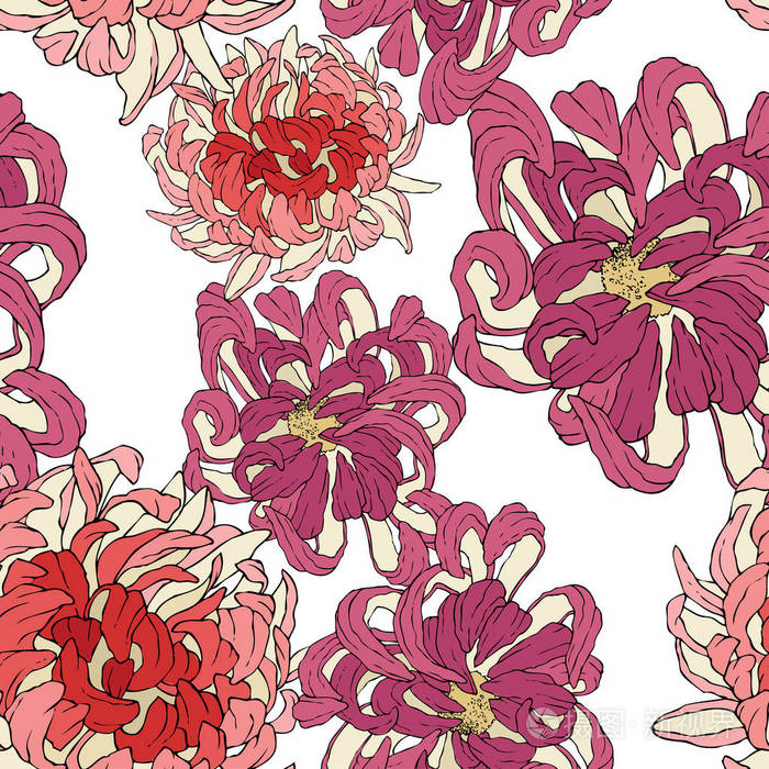 装饰复古图案在经典风格与花菊花.二口气装饰与奶油花剪影在白色背景.