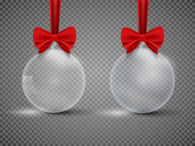 玻璃透明圣诞球与丝带隔离在白色背景。 矢量图。