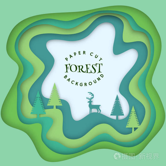 抽象的森林装饰背景方形卡片与三维剪纸形状和鹿在森林与阴影绿色雕刻