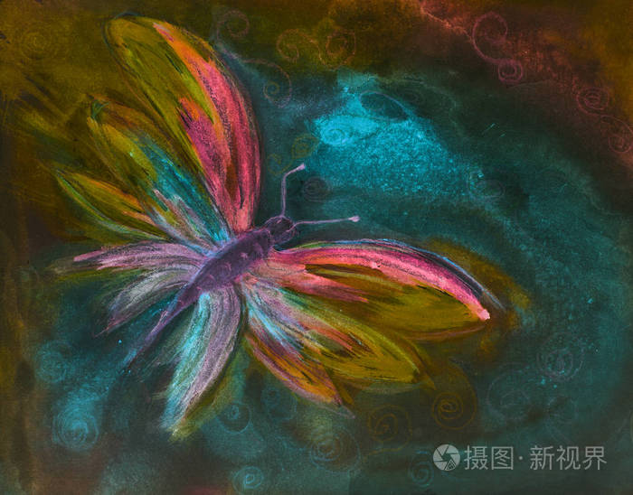 卷曲的天空中的迷幻蝴蝶由于纸张表面粗糙度的改变边缘附近的浸涂技术