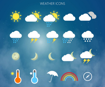 现代天气图标设置。 背景上的平面矢量符号。 向量eps10
