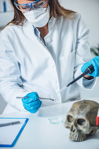 法医科学家检查人类头骨图片