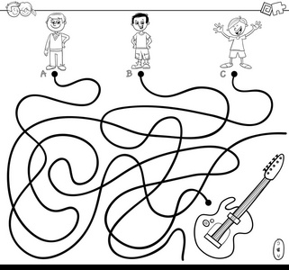 黑白卡通插图路径或迷宫拼图游戏与男孩和电吉他着色书