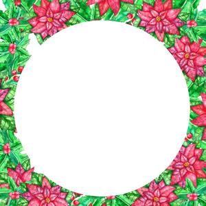 圣诞水彩模板与彩色叶子和浆果在白色背景。 理想的设计横幅，传单，海报，为您的文字空间