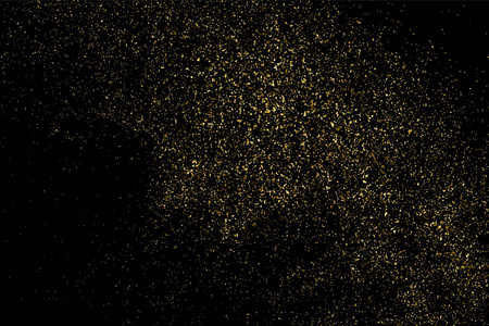 金色闪光的纹理隔离在黑色上。 琥珀颗粒的颜色。 庆祝背景。 纸屑的金色爆炸。 矢量插图10。