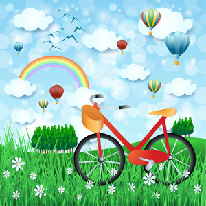 带自行车和热气球的春季景观矢量插图