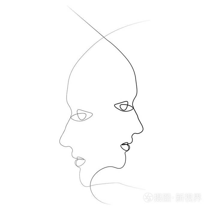 用一条线画的两个人的轮廓. 简单的矢量图. 孤立在白色背景上.