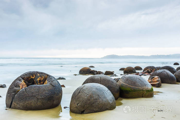 莫拉基巨石。在大丸附近。新西兰奥塔哥海岸