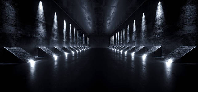 暗空SCI FI未来主义现代外星船舶走廊隧道格栅混凝土材料和白色LED灯反射背景概念3渲染插图