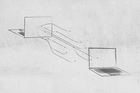 信息技术概念说明笔记本电脑彼此面对，网络线路连接它们
