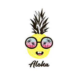 太阳眼镜中的快乐菠萝水果角色与海滨地平线反射，儿童海报和夏季T恤设计的铅笔绘画风格插图，孤立在白色上