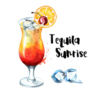 龙舌兰日出鸡尾酒,樱桃橙和冰块. 水彩画手绘插图分离白色背景照片