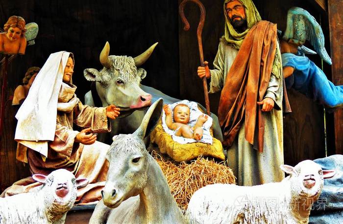 婴儿在他的马槽里的场景圣诞节耶稣诞生现场