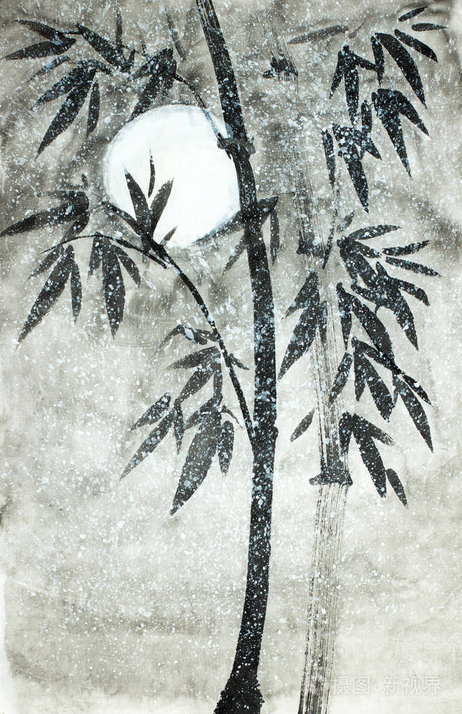 雪和月亮下的竹子