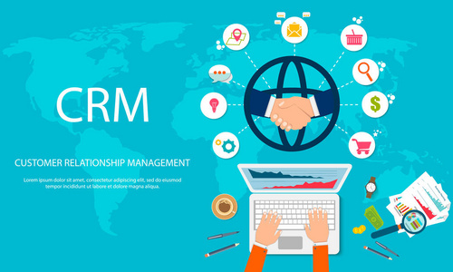 会计系统客户端的平面图标支持交易. 组织与客户crm概念合作的数据.