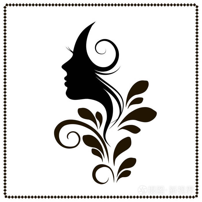 一个长卷发的漂亮年轻女人的剪影白色背景上的黑色轮廓矢量图