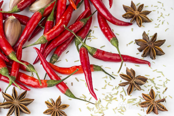红荚辣椒八角茴香和迷迭香的白色背景近点