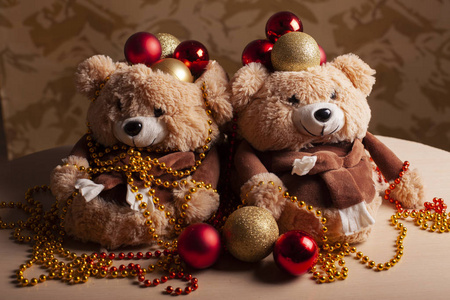 s and Christmas arrangement with ornaments and Christmas bears