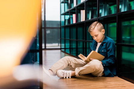 可爱专注的男孩看书，坐在图书馆的地板上