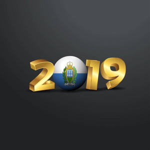 2019年金色排版与圣马利诺旗帜。 新年快乐