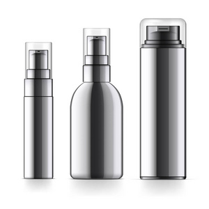 逼真的黑色化妆品瓶可以喷雾器容器。 用于奶油汤泡沫和其他带有盖子和不带盖子的化妆品的分配器。 模板模拟您的设计。 矢量图。