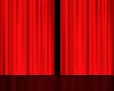 逼真的红色戏剧幕布,闪亮的材料,舞台上有倒影. 矢量插图eps10.插画