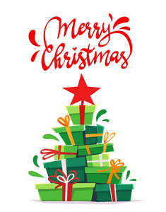 很多礼物堆叠三角形像圣诞树的形式。 绿色，红色，白色卡通矢量插图，派对邀请或打印冬青问候
