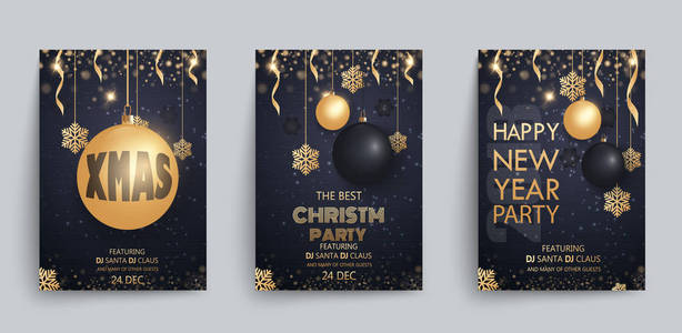 圣诞快乐，新年快乐。邀请参加聚会。 金色和黑色。 发短信的地方圣诞装饰品星球。 小册子。 矢量插图