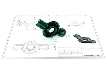 工程图纸上的冲压翼螺母三维图示