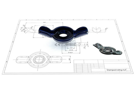 工程图纸上的冲压翼螺母三维图示