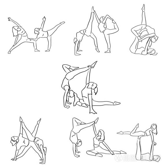 一组健身妇女做瑜伽与朋友矢量插图素描涂鸦手画黑线隔离在白色背景