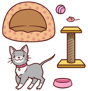 可爱的卡通小猫和配件给他:房子,刮刀,老鼠,碗.