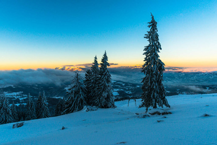 傍晚的日落天空，冬天的积雪覆盖着山景，针叶树，冬天的度假胜地