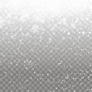 在透明的背景下飘落的雪花。圣诞节背景为您的设计。向量