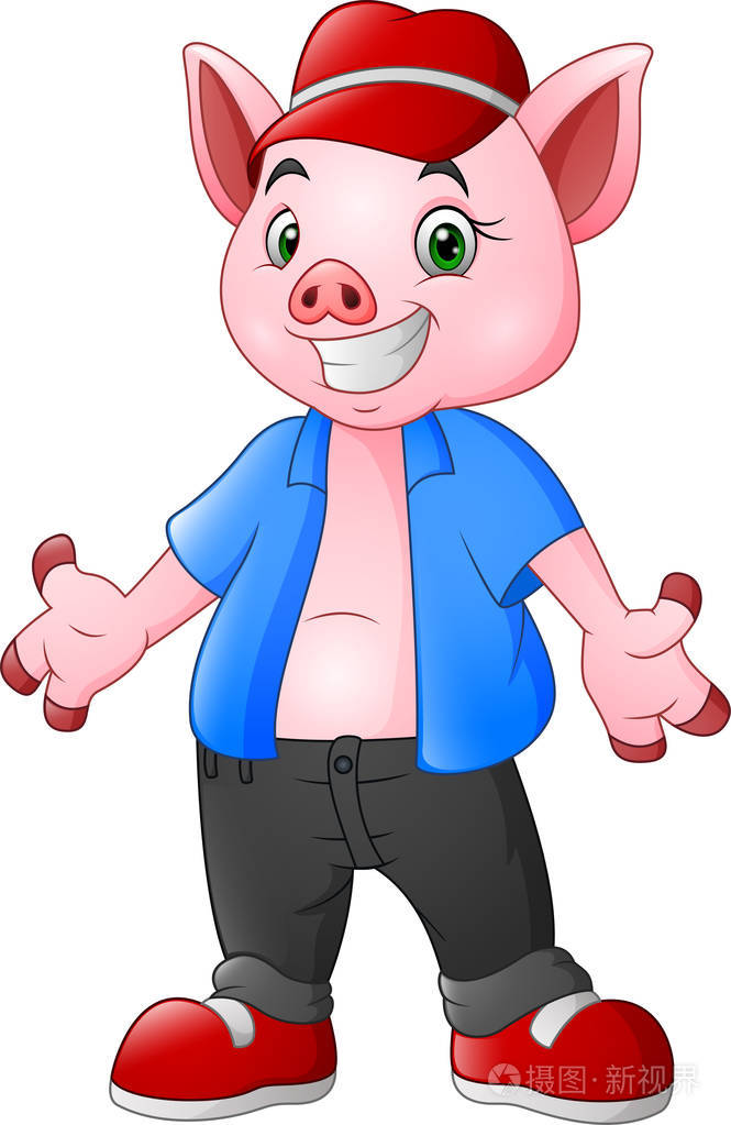 穿蓝色衣服戴红帽子的卡通猪