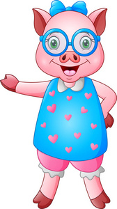 可爱的卡通女猪,蓝心装,戴眼镜照片