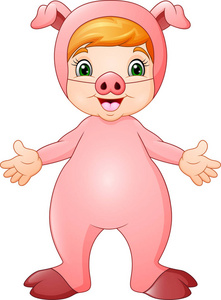 可爱的女孩卡通穿着猪服装照片