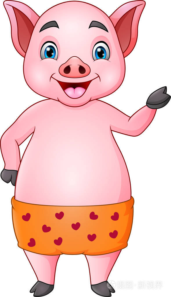 穿橙色短裤的可爱猪卡通
