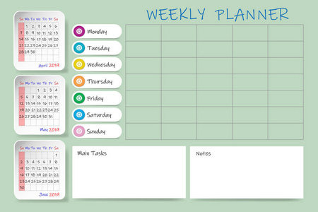 日历为2019年第二季度，每周计划图表和空白标签的笔记和主要任务。 月表是垂直的。 星期从星期天开始。