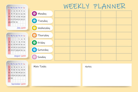 日历为2019年第三季度，每周计划图表和空白标签的笔记和主要任务。 月表是垂直的。 星期从星期天开始。
