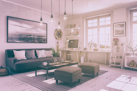 斯堪的纳维亚北欧公寓客厅3D渲染复古外观